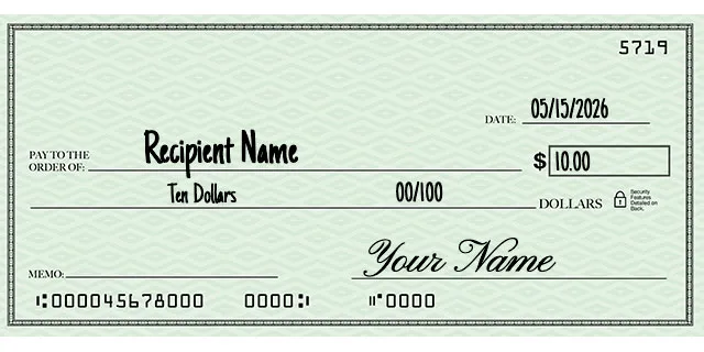Personal check written for $10, showing "Ten and 00/100" on the written amount line