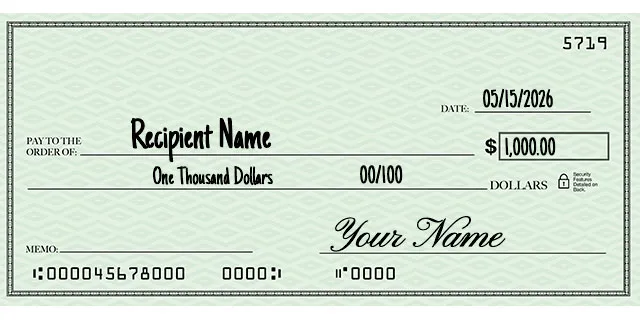 Personal check written for $1,000, showing "One thousand and 00/100" on the written amount line