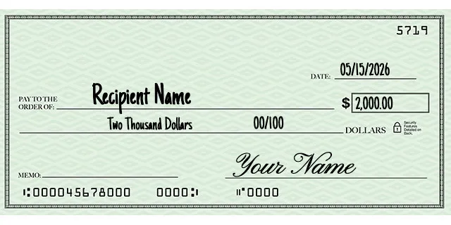 Personal check written for $2,000, showing "Two thousand and 00/100" on the written amount line