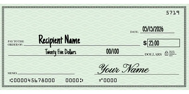 Personal check written for $25, showing "Twenty-five and 00/100" on the written amount line