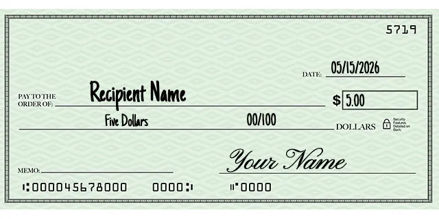 Personal check written for $5, showing "Five and 00/100" on the written amount line