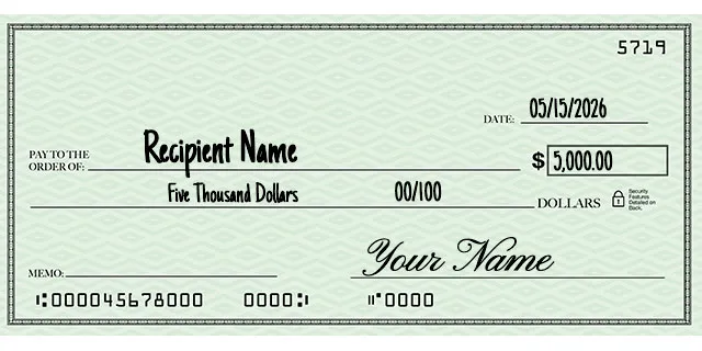 Personal check written for $5,000, showing "Five thousand and 00/100" on the written amount line